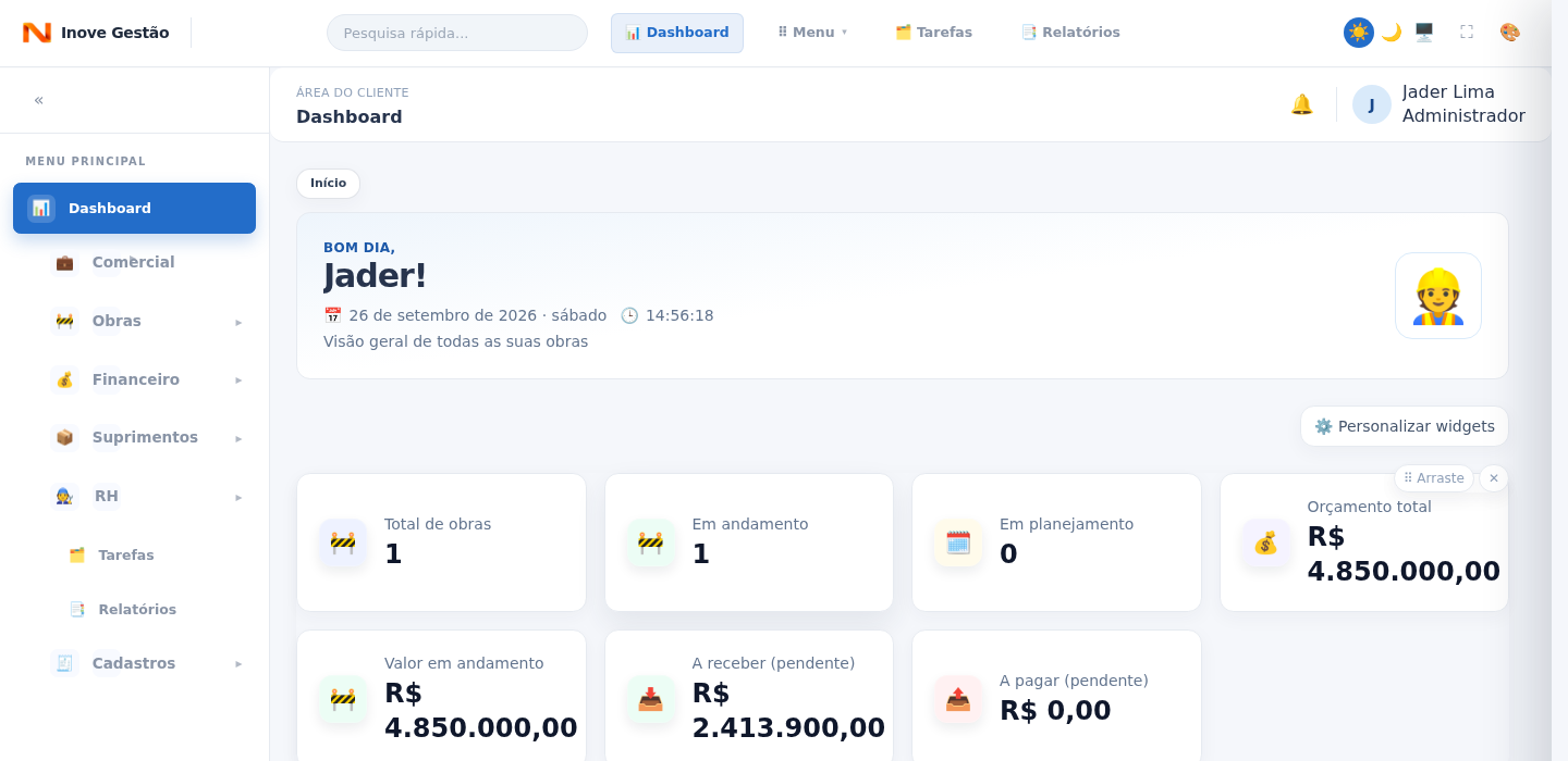 Dashboard do Inove Gestão com o resumo das obras